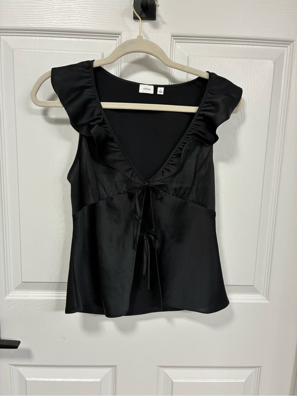 Aritzia Black Satin Ruffle Tie-Front Camisole